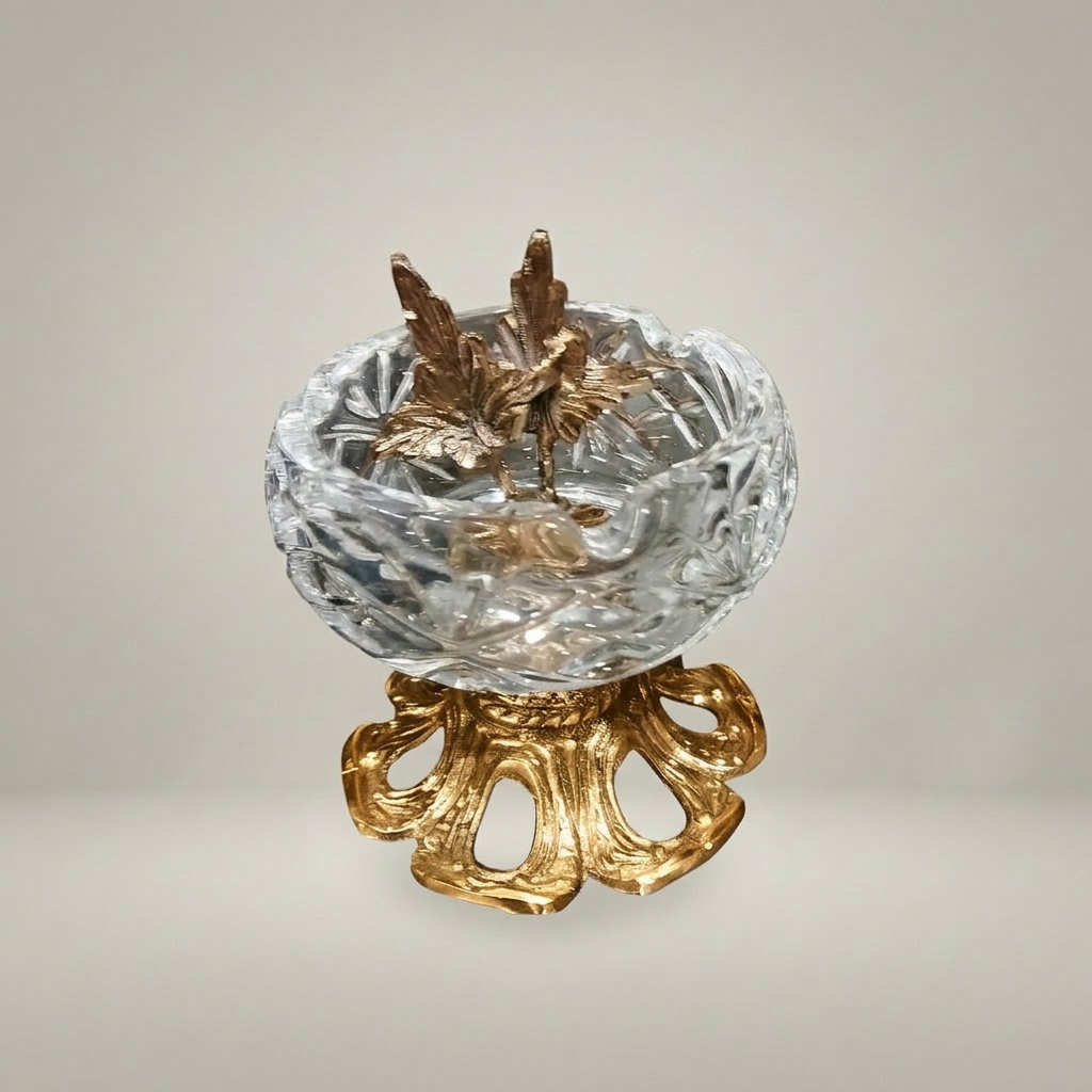Rococo Crystal Ashtray with Foliate Brass Pedestal & Bird Finial — Gold