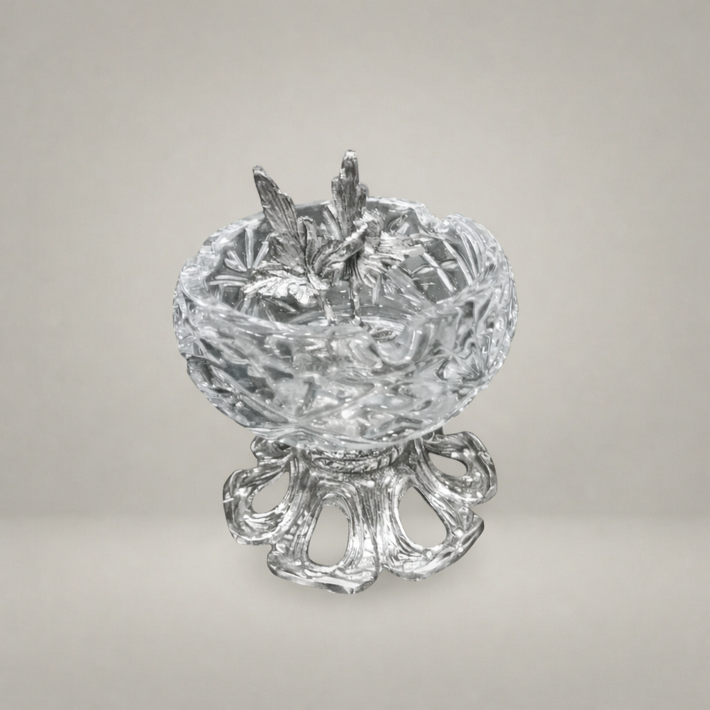 Rococo Crystal Ashtray with Foliate Brass Pedestal & Bird Finial — Silver