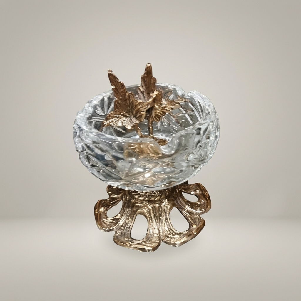 Rococo Crystal Ashtray with Foliate Brass Pedestal & Bird Finial — Antique Gold