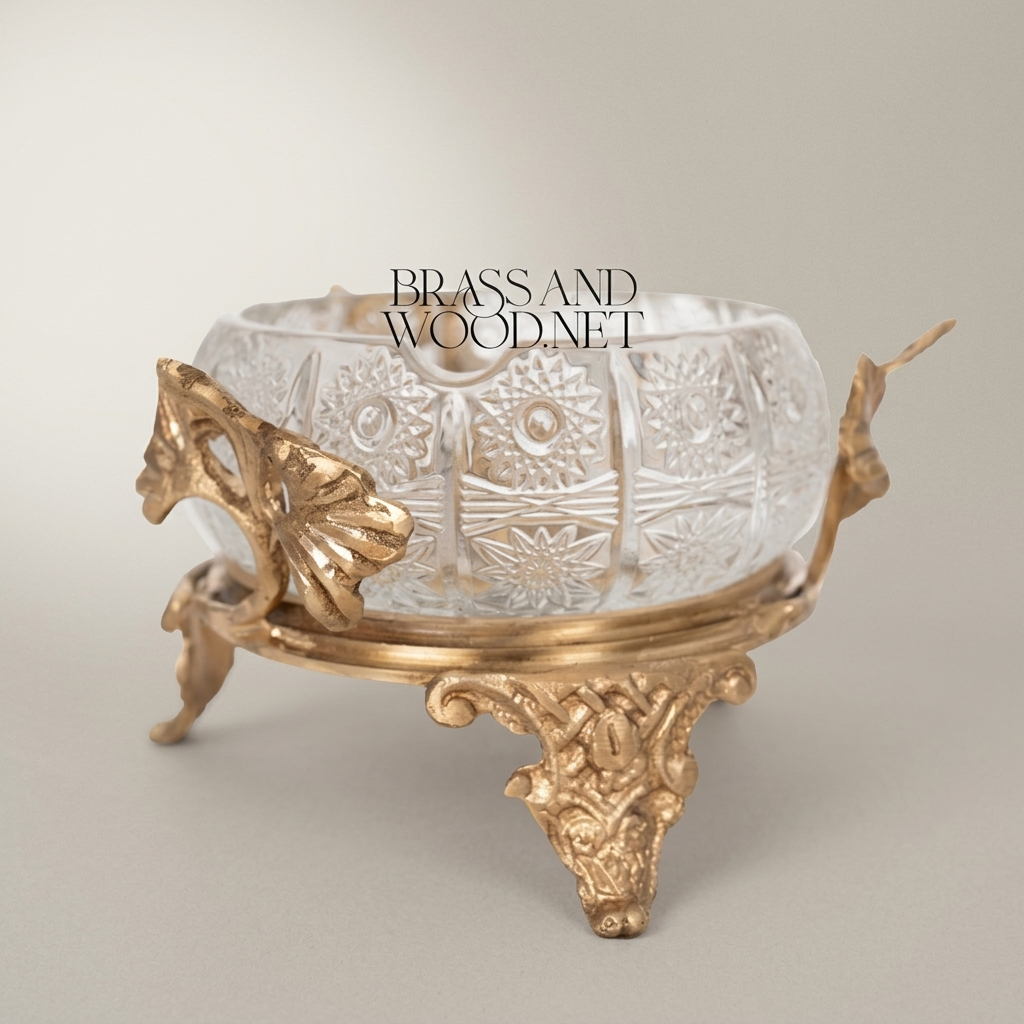 Rococo Crystal Ashtray with Ornate Brass Stand & Acanthus Leaf Mounts — Antique Gold