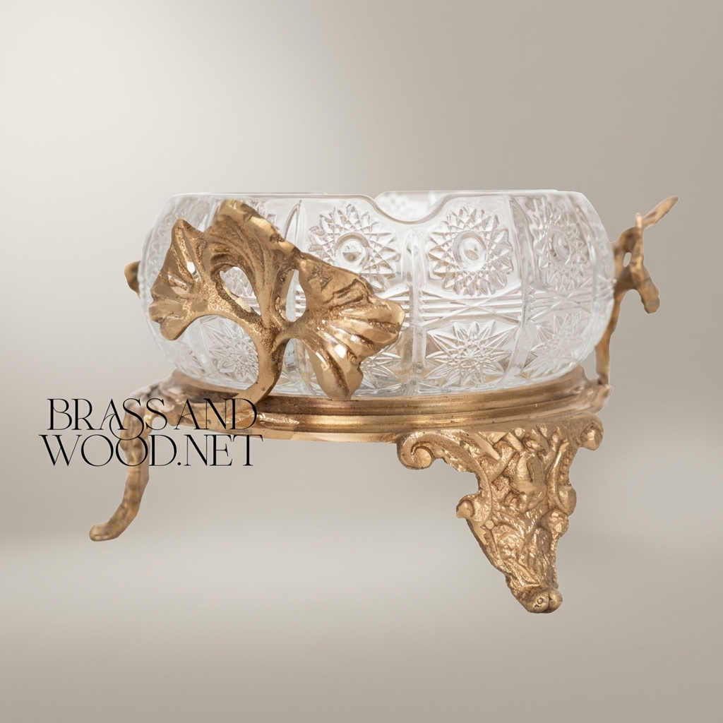 Rococo Crystal Ashtray with Ornate Brass Stand & Acanthus Leaf Mounts — Antique Gold