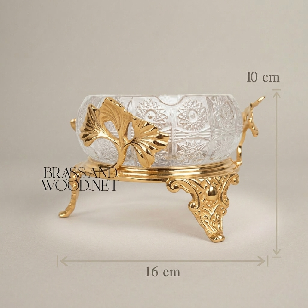 Rococo Crystal Ashtray with Ornate Brass Stand & Acanthus Leaf Mounts