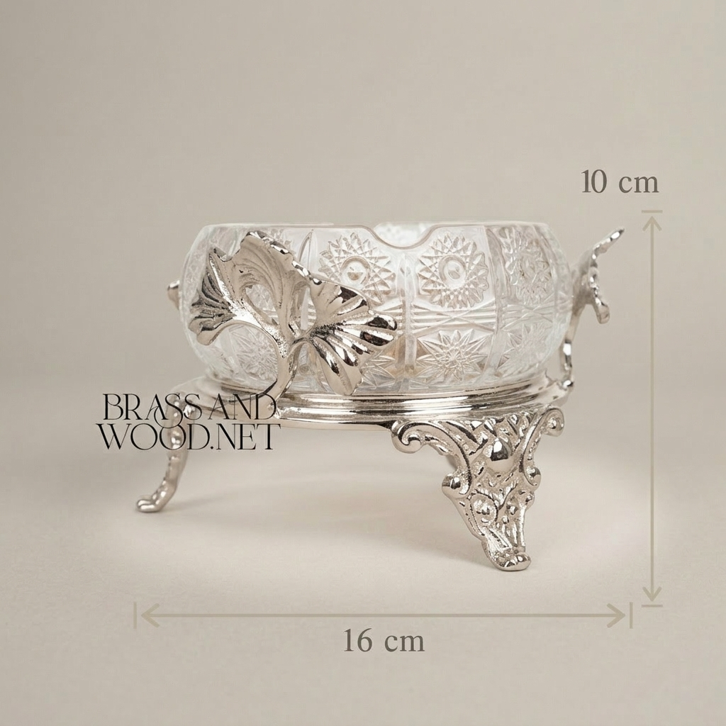 Rococo Crystal Ashtray with Ornate Brass Stand & Acanthus Leaf Mounts — Silver