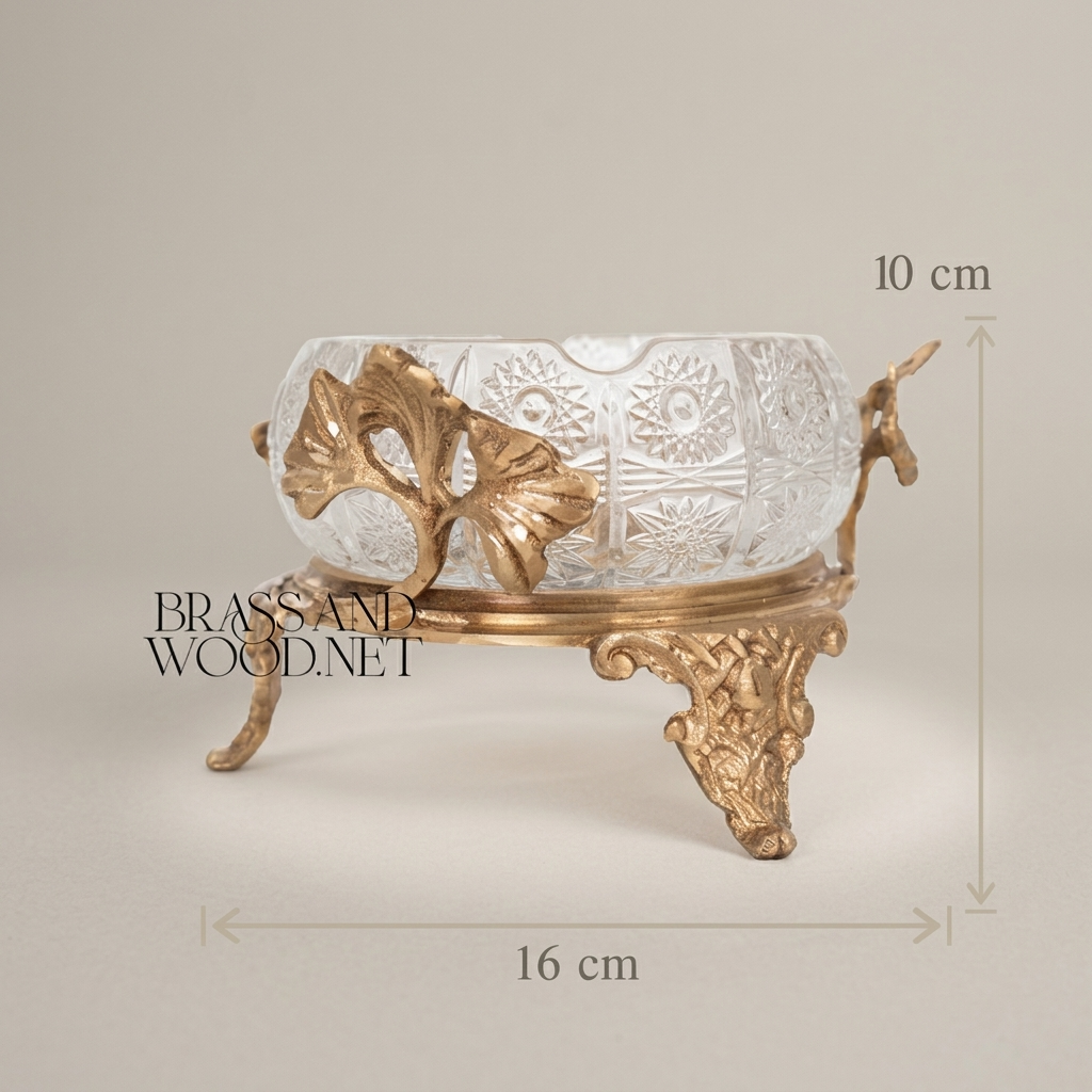 Rococo Crystal Ashtray with Ornate Brass Stand & Acanthus Leaf Mounts — Antique Gold