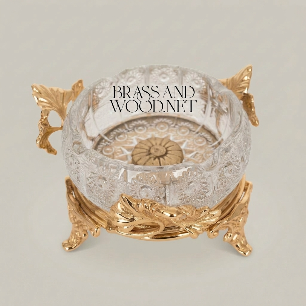 Rococo Crystal Ashtray with Ornate Brass Stand & Acanthus Leaf Mounts — Gold