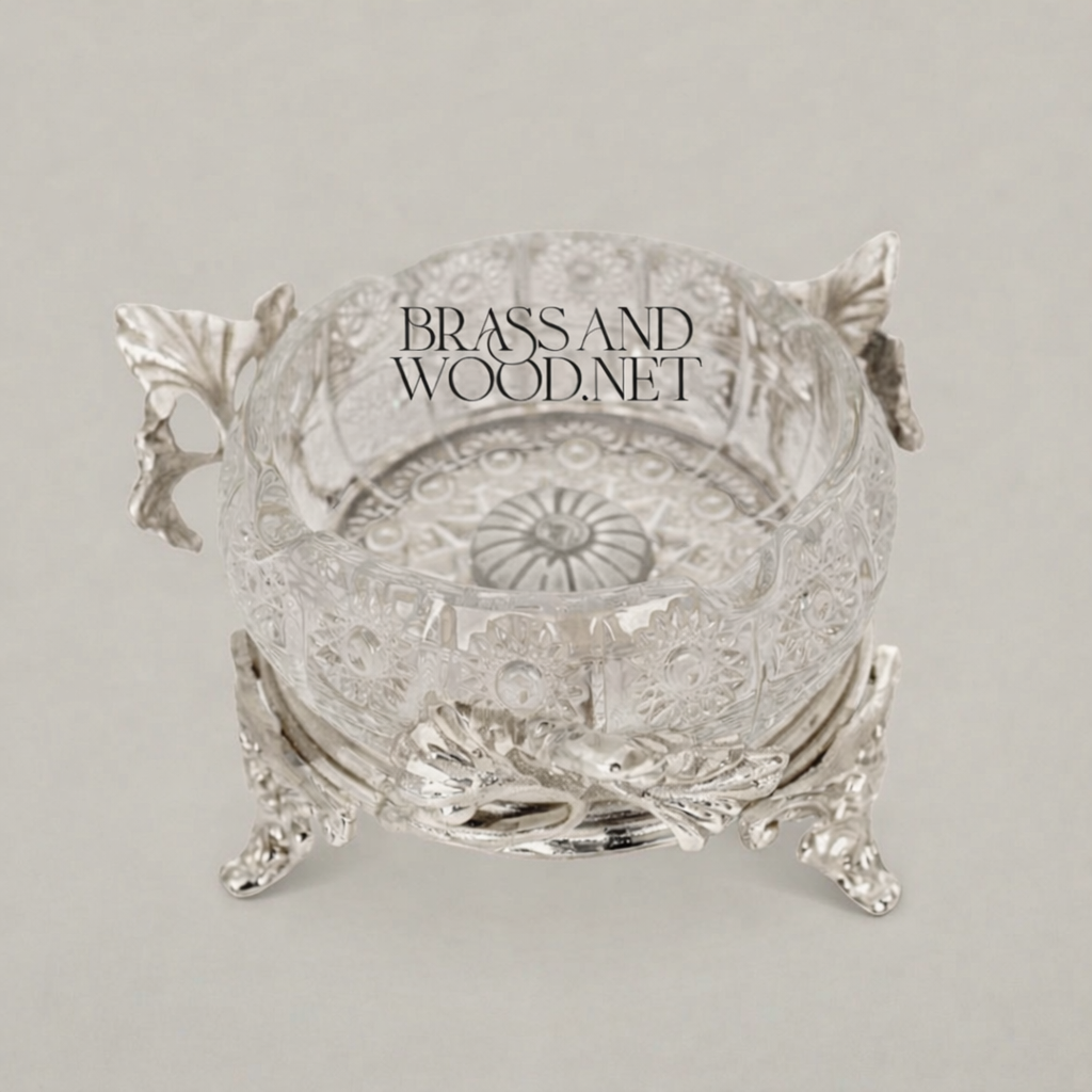 Rococo Crystal Ashtray with Ornate Brass Stand & Acanthus Leaf Mounts — Silver