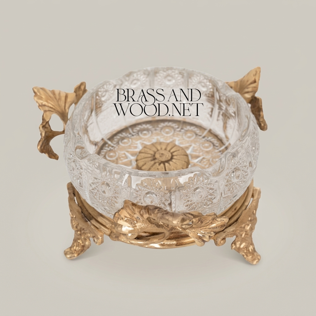 Rococo Crystal Ashtray with Ornate Brass Stand & Acanthus Leaf Mounts — Antique Gold