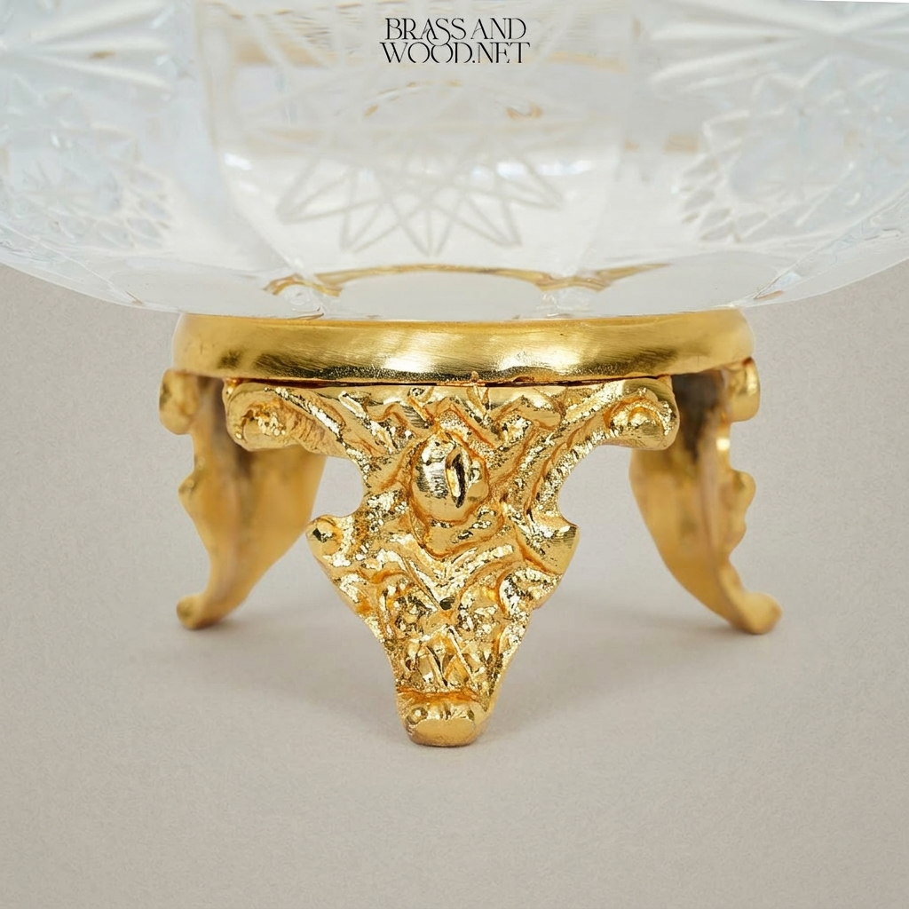 Rococo Crystal Ashtray with Ornate Brass Tripod Base — Gold