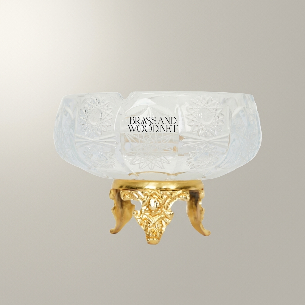 Rococo Crystal Ashtray with Ornate Brass Tripod Base
