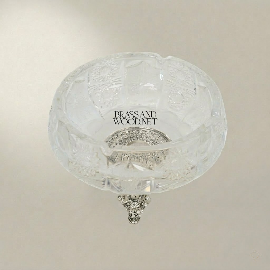 Rococo Crystal Ashtray with Ornate Brass Tripod Base — Silver