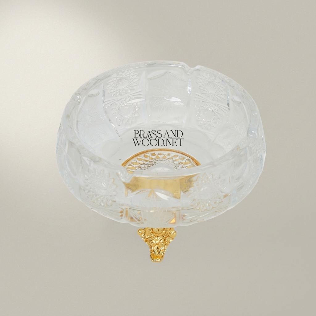 Rococo Crystal Ashtray with Ornate Brass Tripod Base — Gold