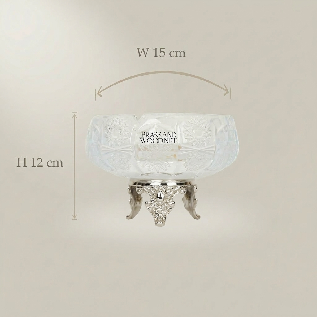 Rococo Crystal Ashtray with Ornate Brass Tripod Base — Silver