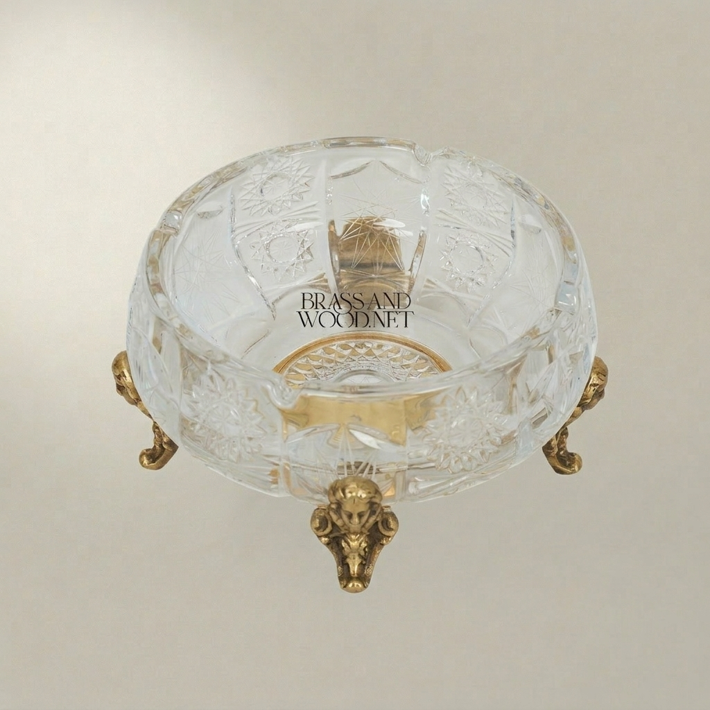 Rococo Crystal Ashtray with Ornate Brass Tripod Base — Antique Gold