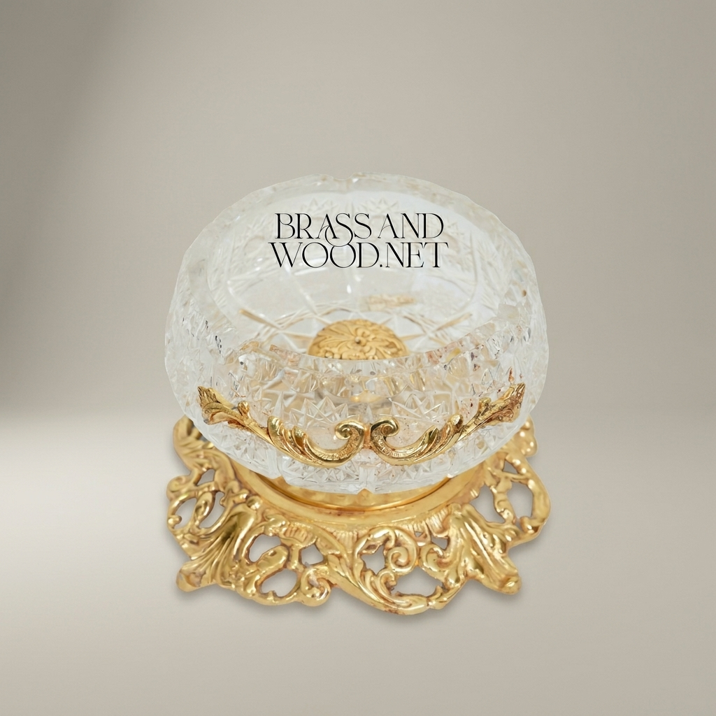 Rococo Crystal Ashtray with Ornate Pierced Brass Pedestal Base