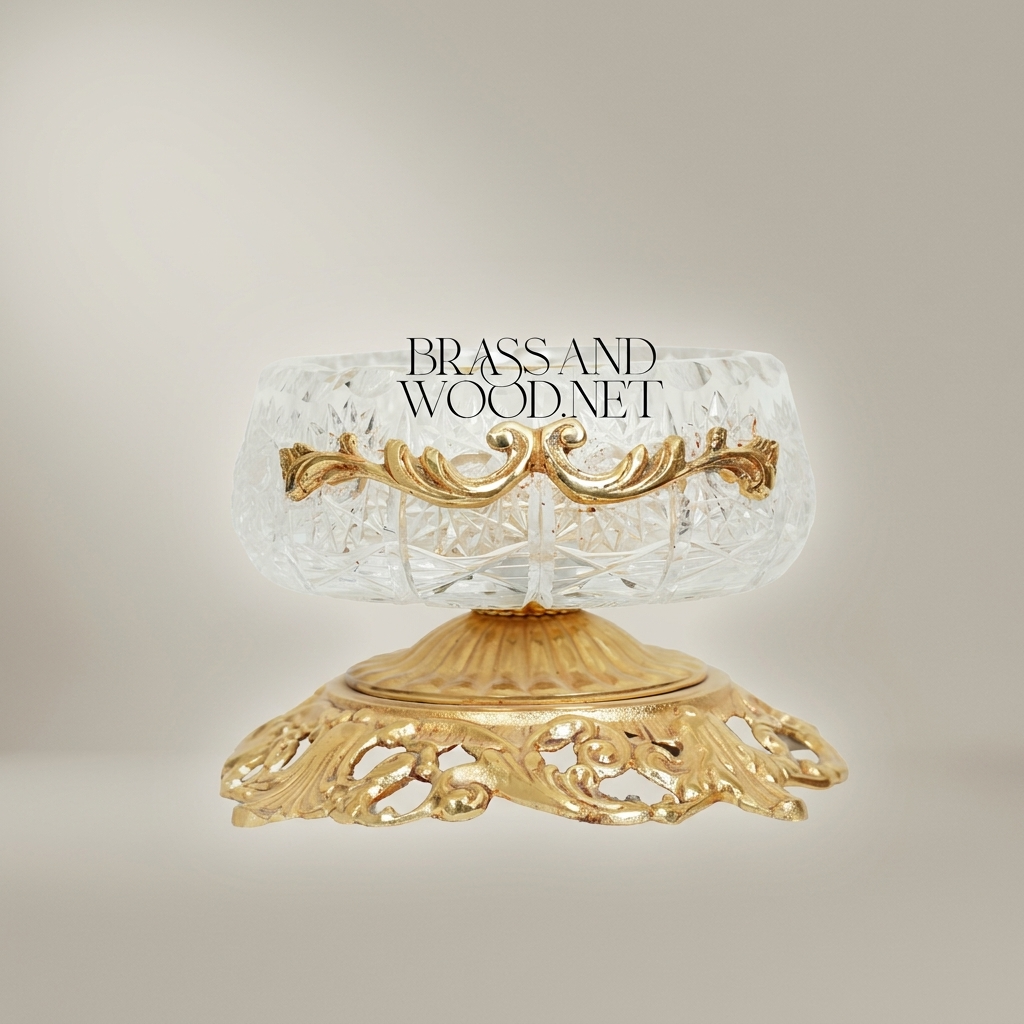 Rococo Crystal Ashtray with Ornate Pierced Brass Pedestal Base