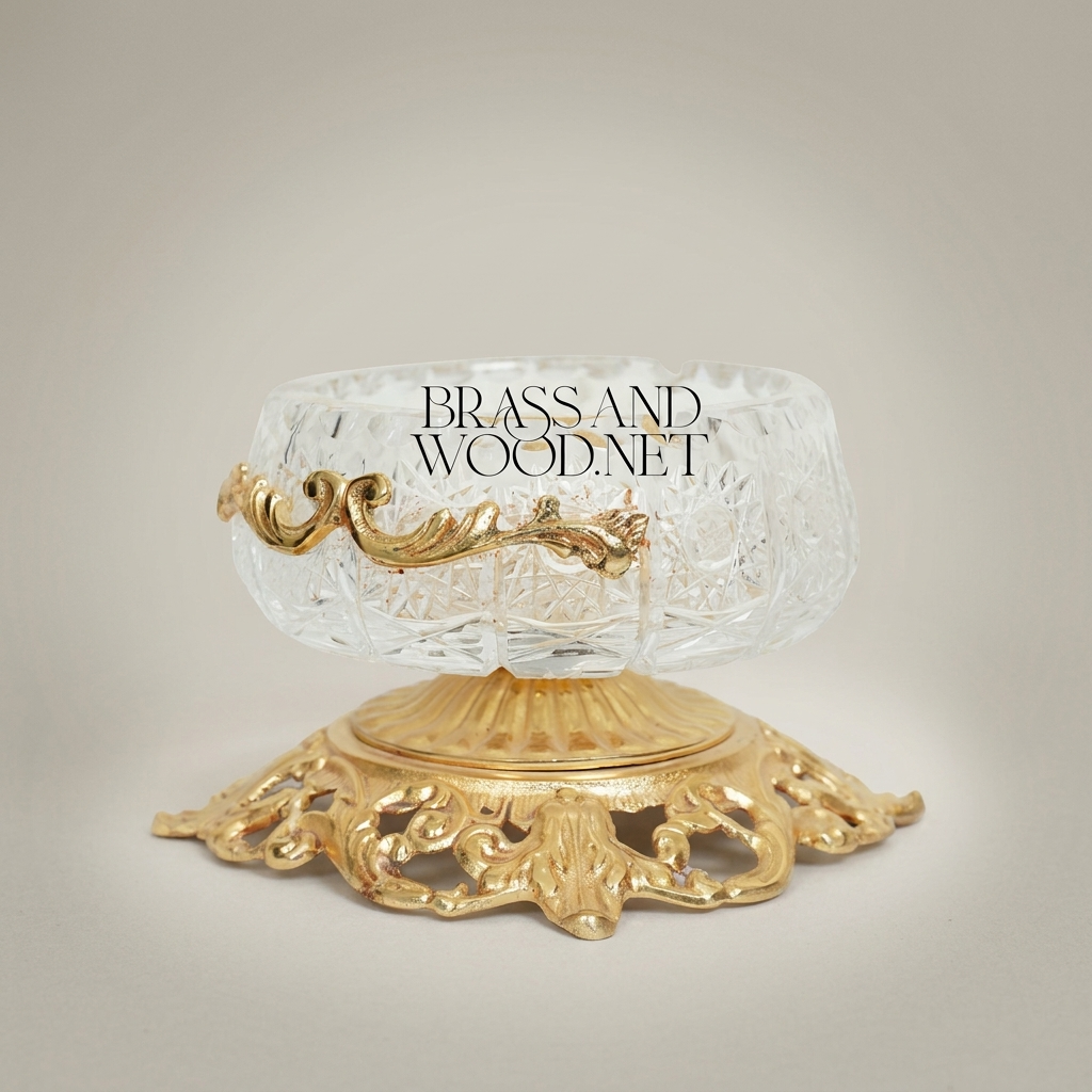 Rococo Crystal Ashtray with Ornate Pierced Brass Pedestal Base — Gold
