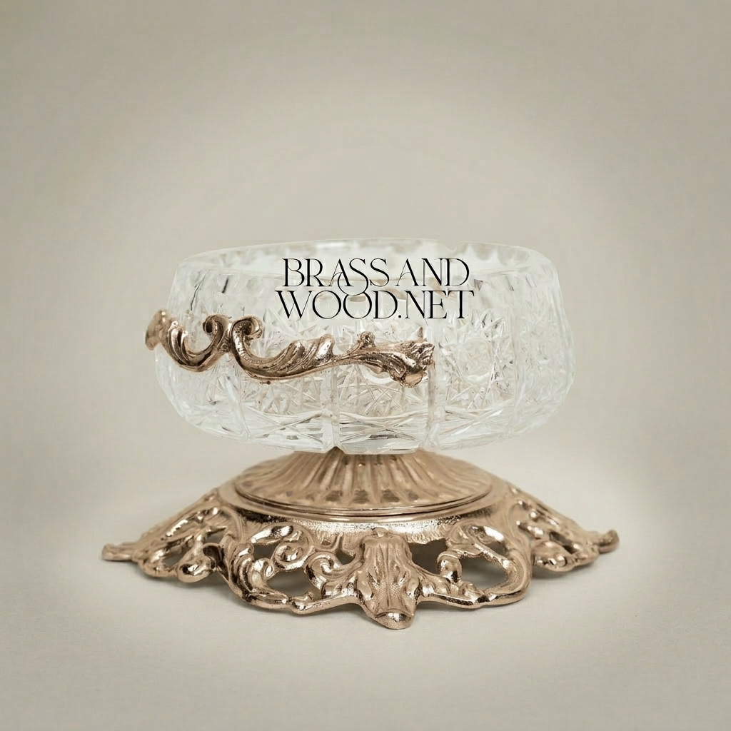 Rococo Crystal Ashtray with Ornate Pierced Brass Pedestal Base — Silver