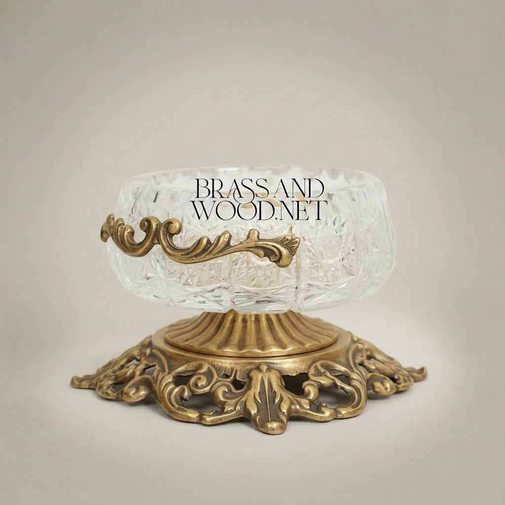 Rococo Crystal Ashtray with Ornate Pierced Brass Pedestal Base — Antique Gold