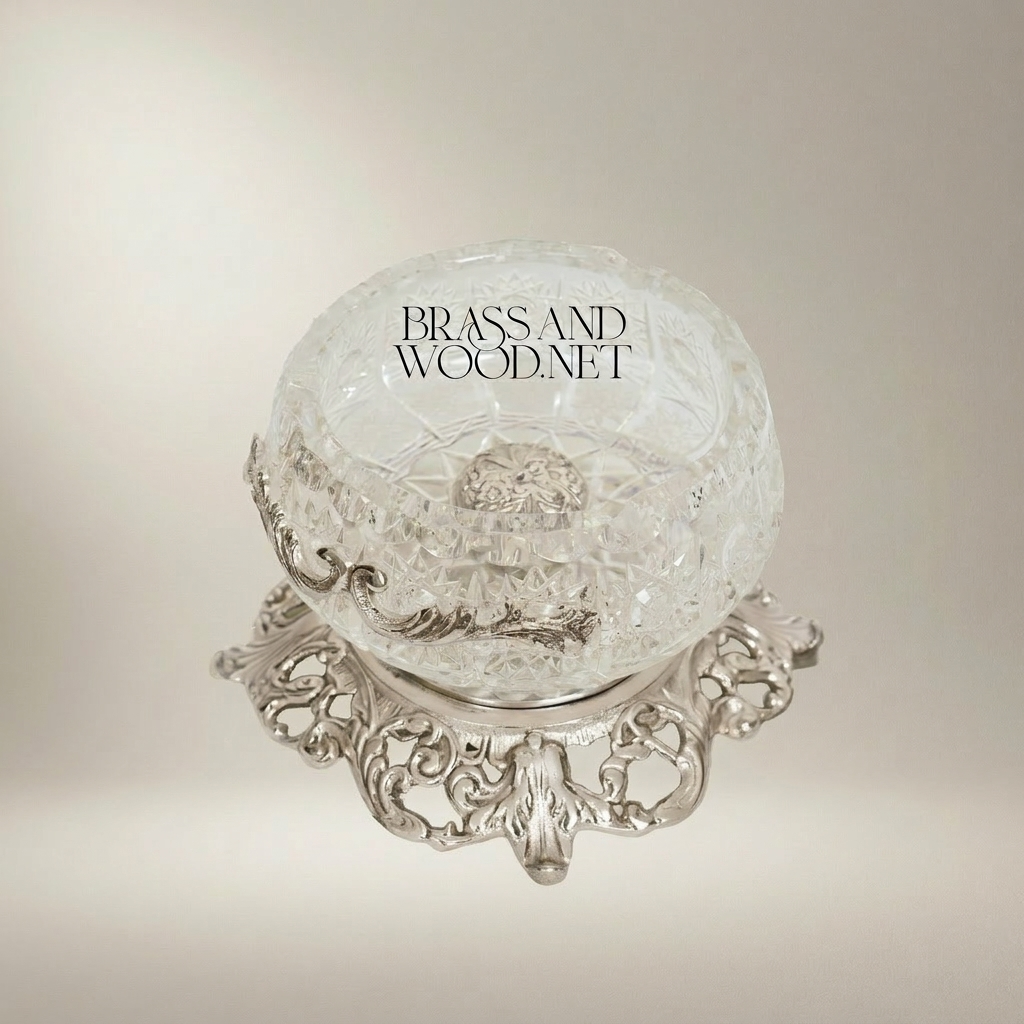 Rococo Crystal Ashtray with Ornate Pierced Brass Pedestal Base — Silver