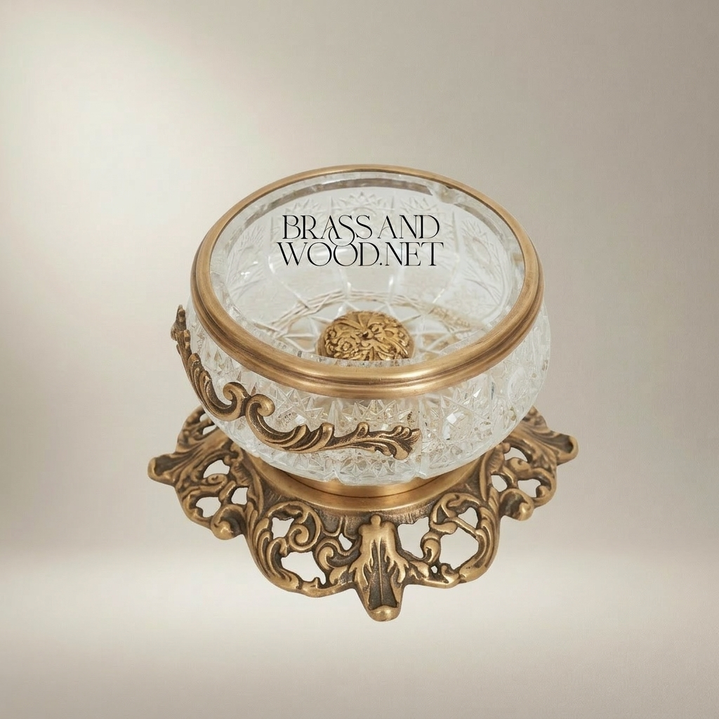 Rococo Crystal Ashtray with Ornate Pierced Brass Pedestal Base — Antique Gold