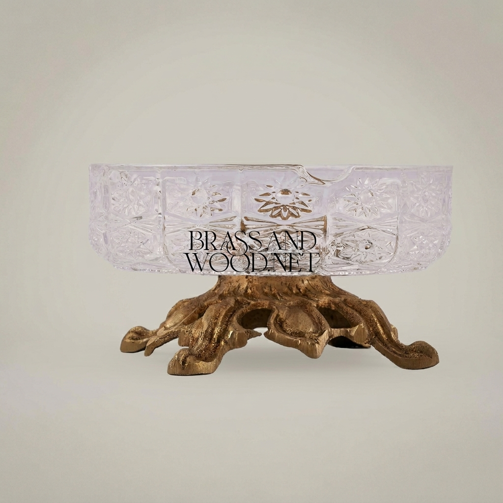 Rococo Crystal Ashtray on Ornate Scrollwork Brass Stand — Antique Gold