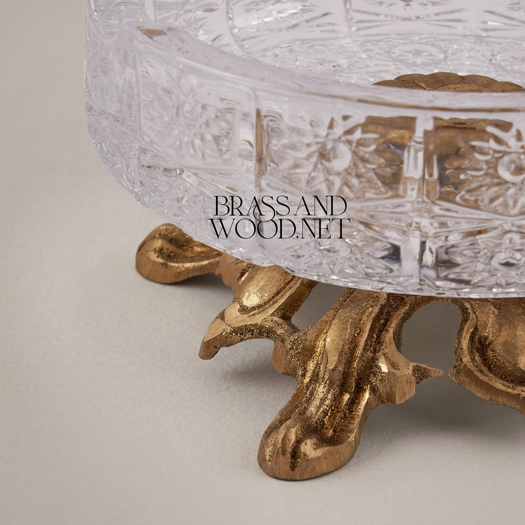 Rococo Crystal Ashtray on Ornate Scrollwork Brass Stand — Antique Gold