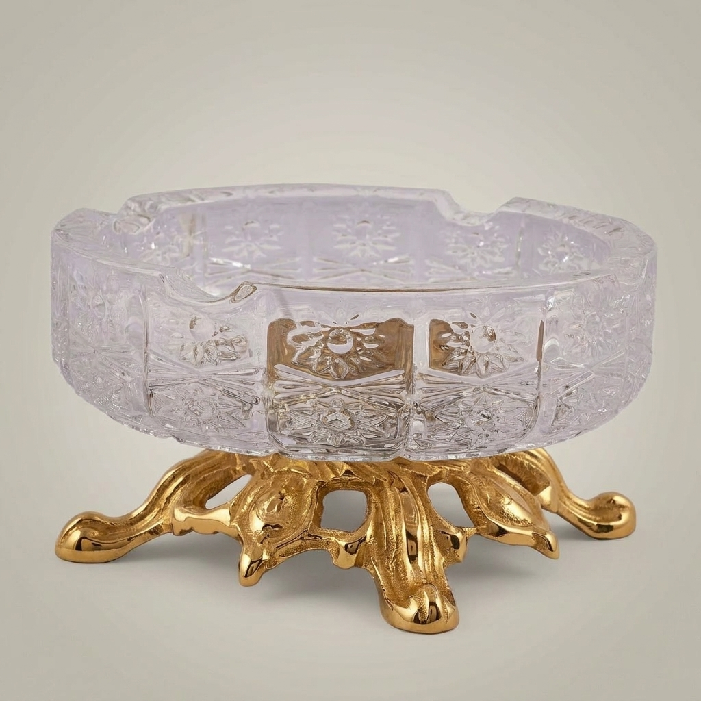 Rococo Crystal Ashtray on Ornate Scrollwork Brass Stand — Gold