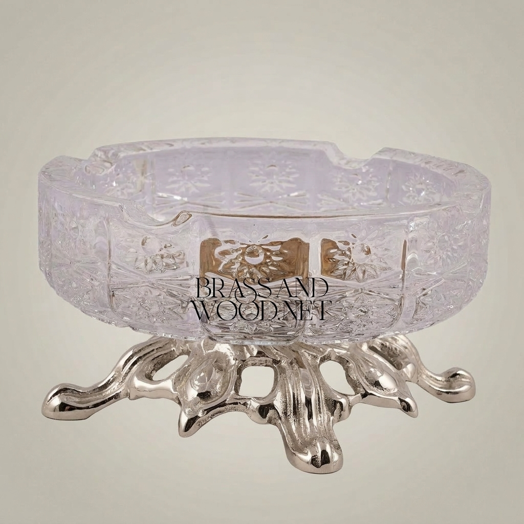 Rococo Crystal Ashtray on Ornate Scrollwork Brass Stand — Silver