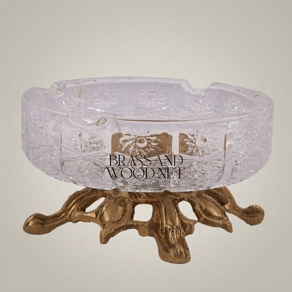 Rococo Crystal Ashtray on Ornate Scrollwork Brass Stand — Antique Gold