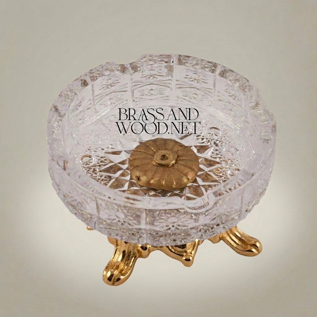 Rococo Crystal Ashtray on Ornate Scrollwork Brass Stand — Gold