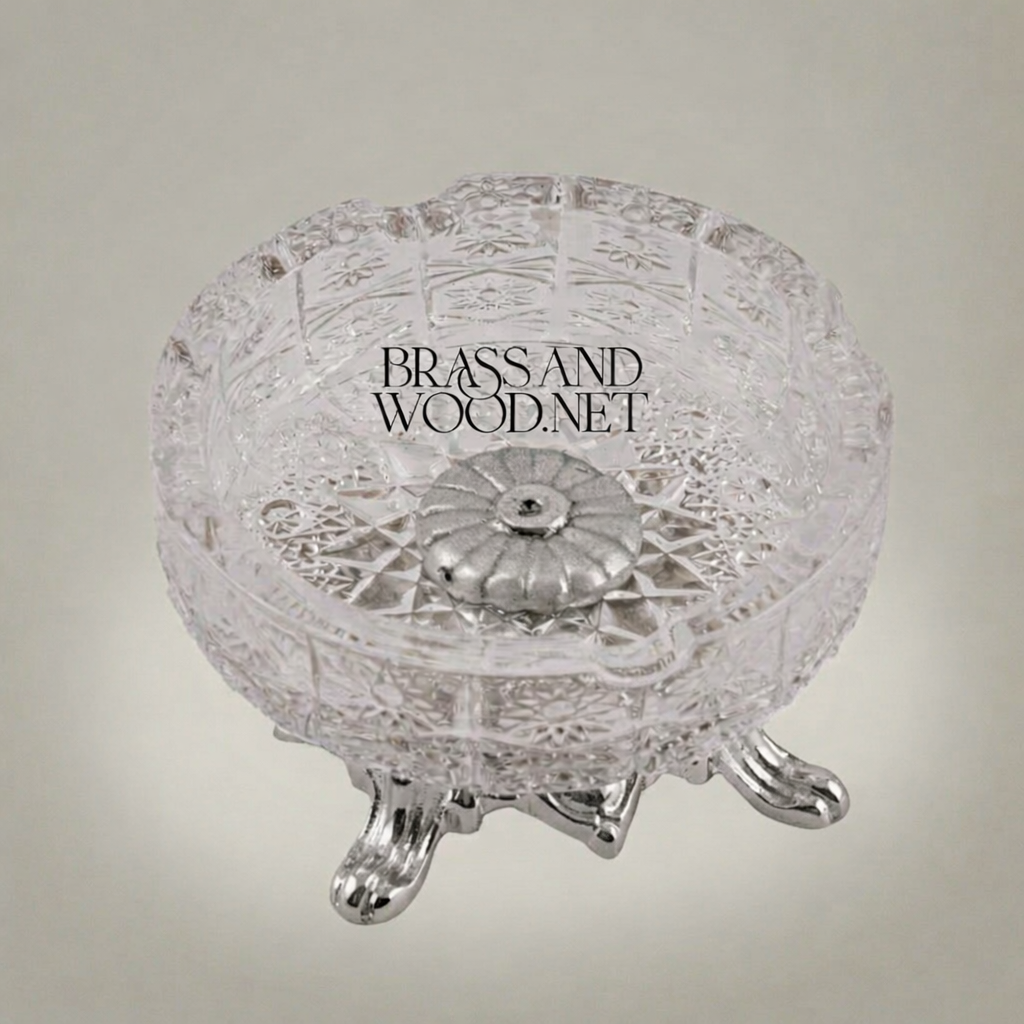 Rococo Crystal Ashtray on Ornate Scrollwork Brass Stand — Silver