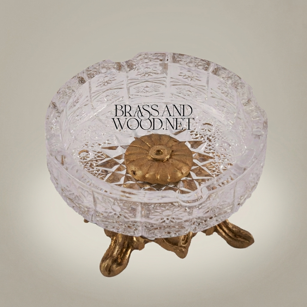 Rococo Crystal Ashtray on Ornate Scrollwork Brass Stand — Antique Gold