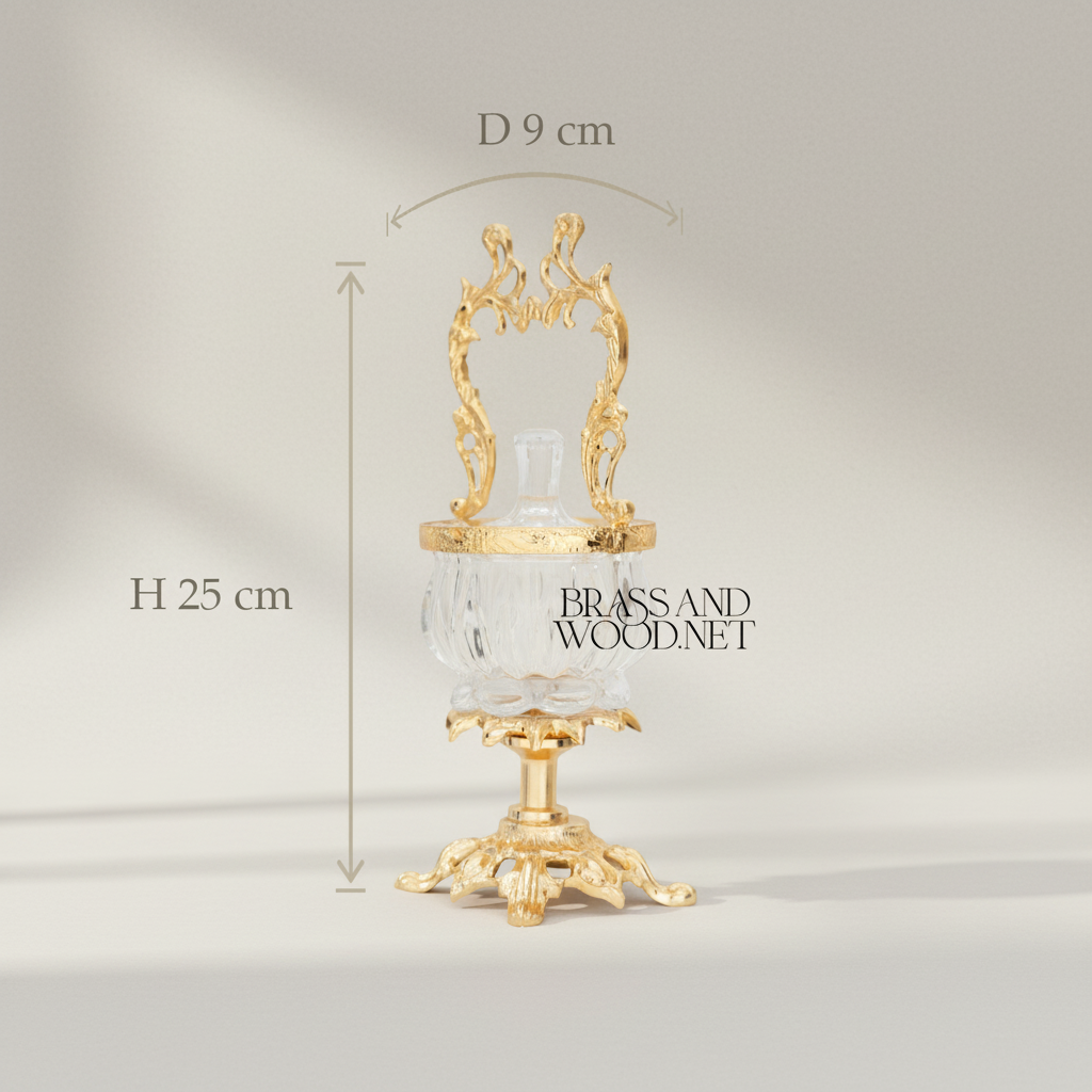 Rococo Crystal Bonbonnière with Arched Brass Handle — Gold