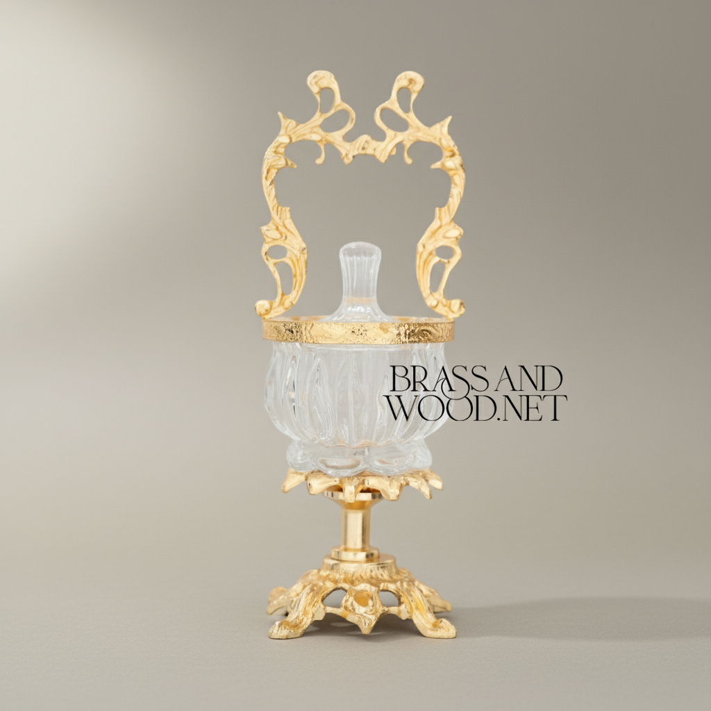 Rococo Crystal Bonbonnière with Arched Brass Handle — Gold