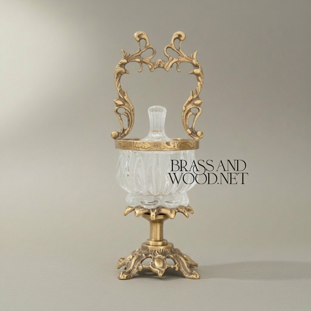 Rococo Crystal Bonbonnière with Arched Brass Handle — Antique Gold