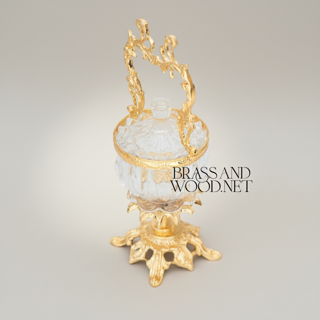 Rococo Crystal Bonbonnière with Arched Brass Handle — Gold