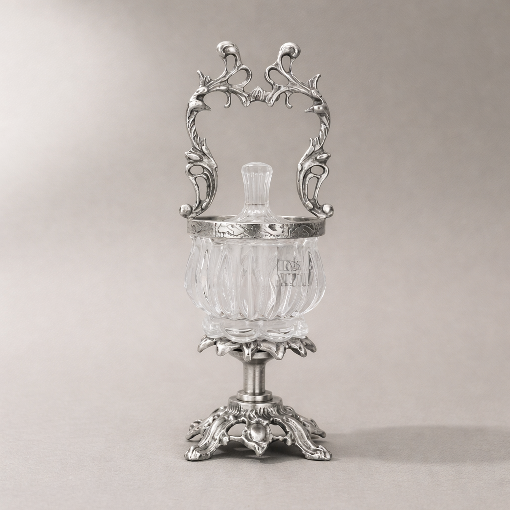 Rococo Crystal Bonbonnière with Arched Brass Handle — Silver