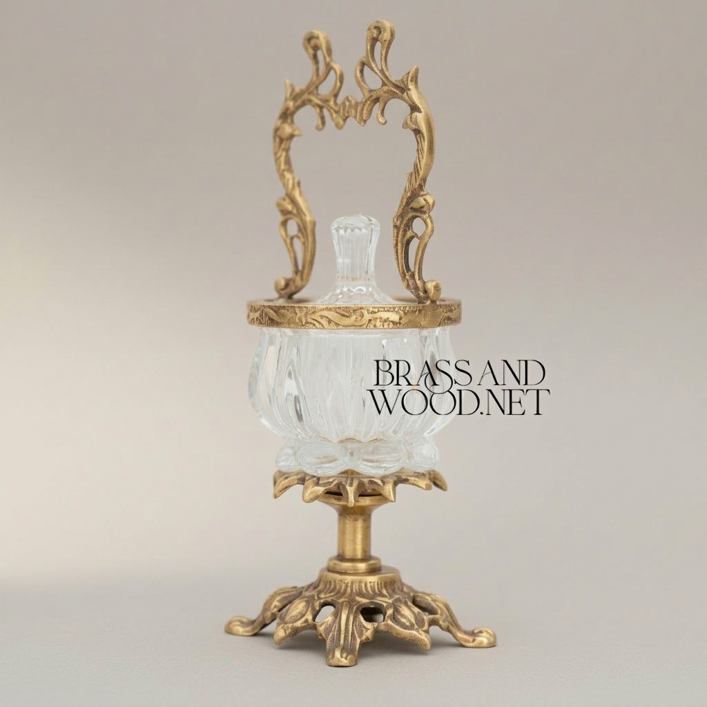 Rococo Crystal Bonbonnière with Arched Brass Handle — Antique Gold
