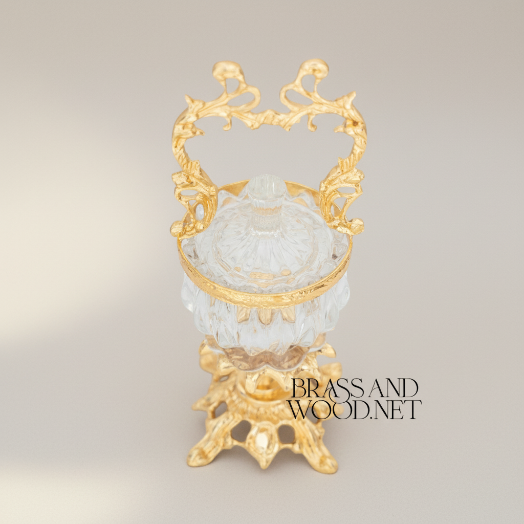 Rococo Crystal Bonbonnière with Arched Brass Handle — Gold