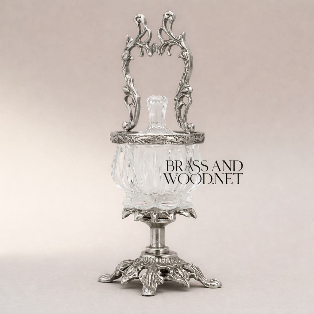 Rococo Crystal Bonbonnière with Arched Brass Handle — Silver