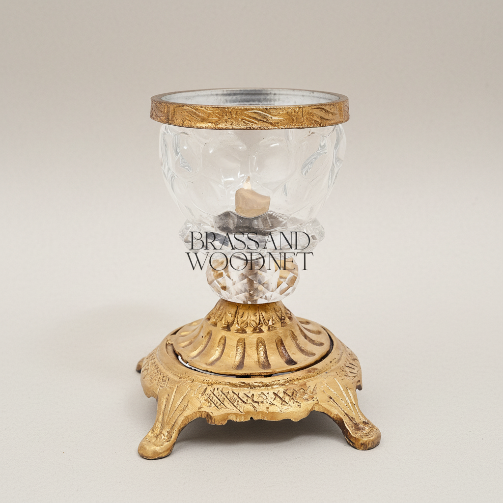 Rococo Crystal Bonbonniere with Arched Floral Brass Handle & Footed Base