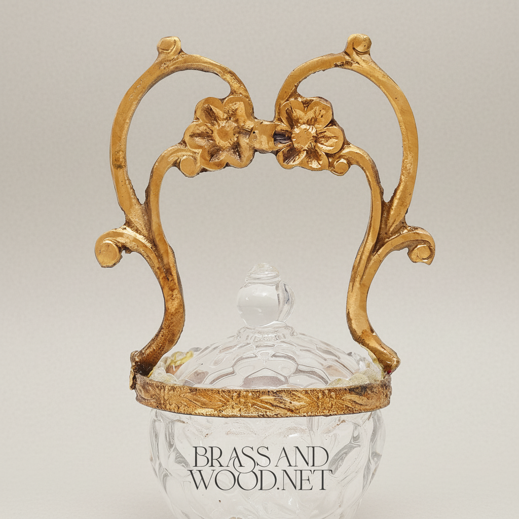 Rococo Crystal Bonbonniere with Arched Floral Brass Handle & Footed Base — Antique Gold