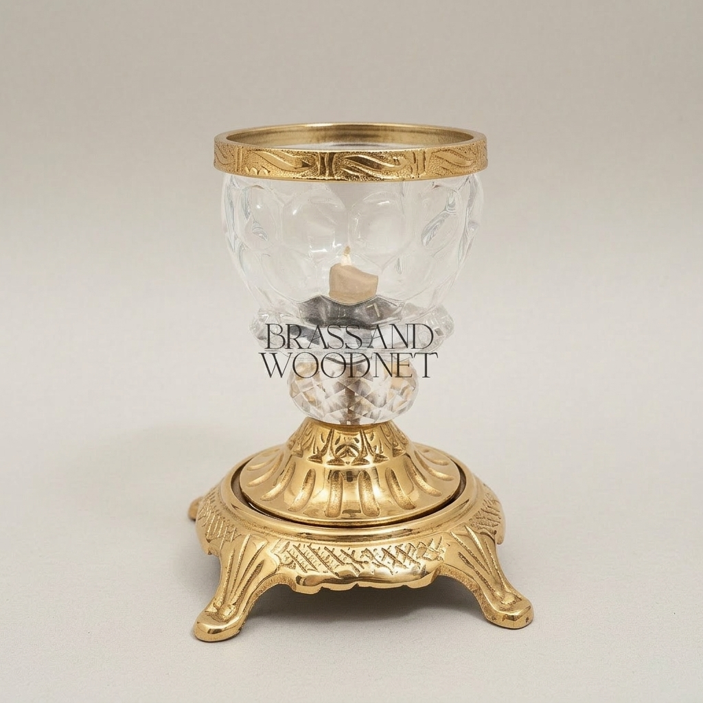 Rococo Crystal Bonbonniere with Arched Floral Brass Handle & Footed Base — Gold