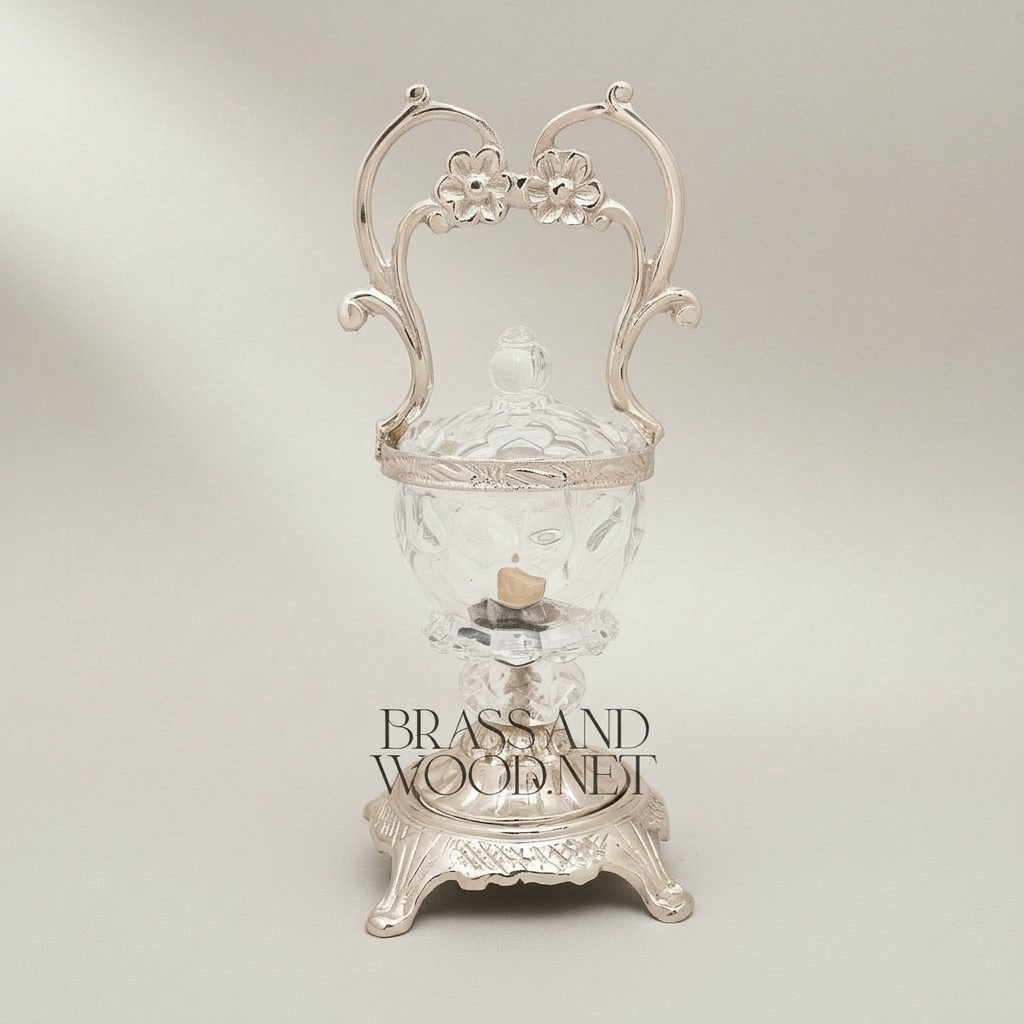 Rococo Crystal Bonbonniere with Arched Floral Brass Handle & Footed Base — Silver