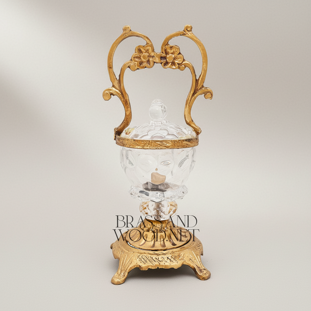 Rococo Crystal Bonbonniere with Arched Floral Brass Handle & Footed Base — Antique Gold