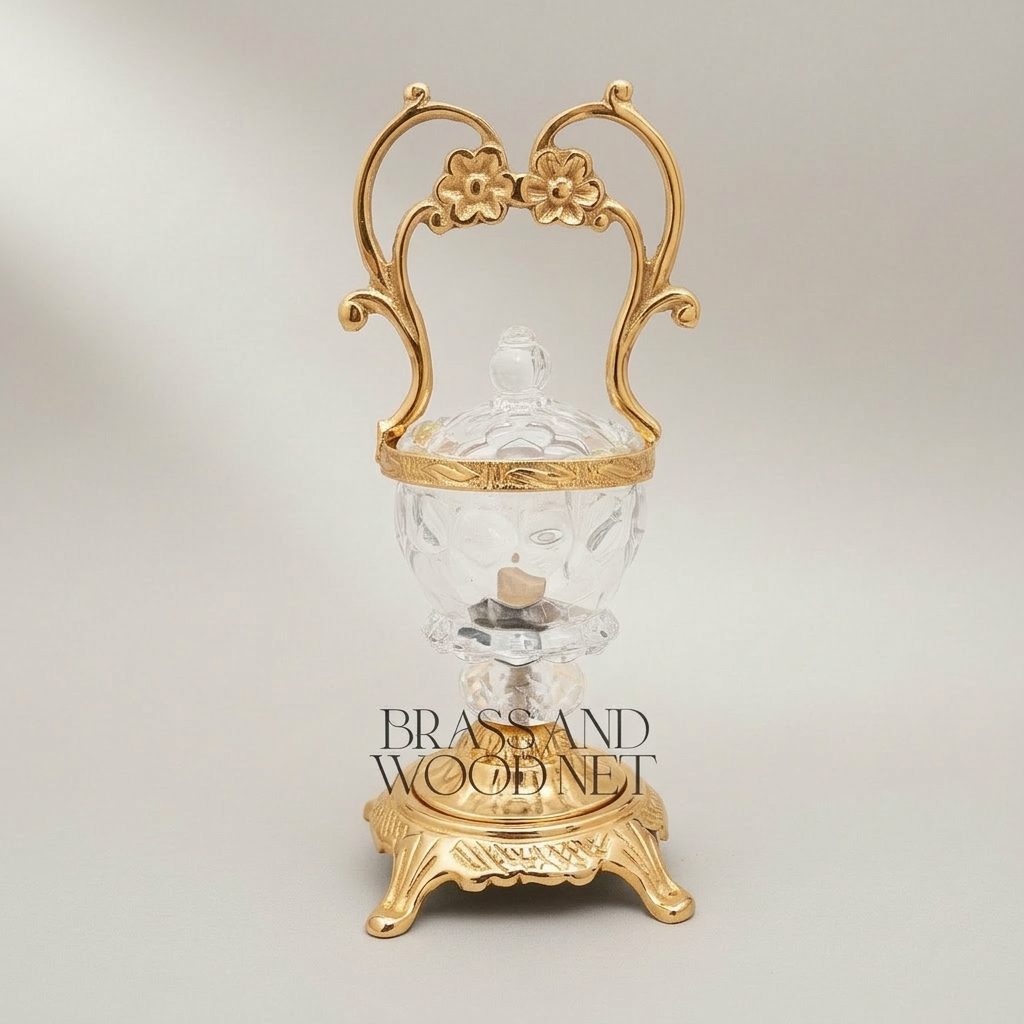 Rococo Crystal Bonbonniere with Arched Floral Brass Handle & Footed Base — Gold