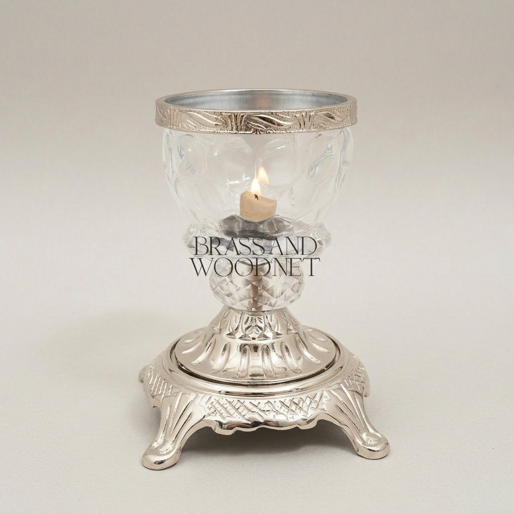 Rococo Crystal Bonbonniere with Arched Floral Brass Handle & Footed Base — Silver