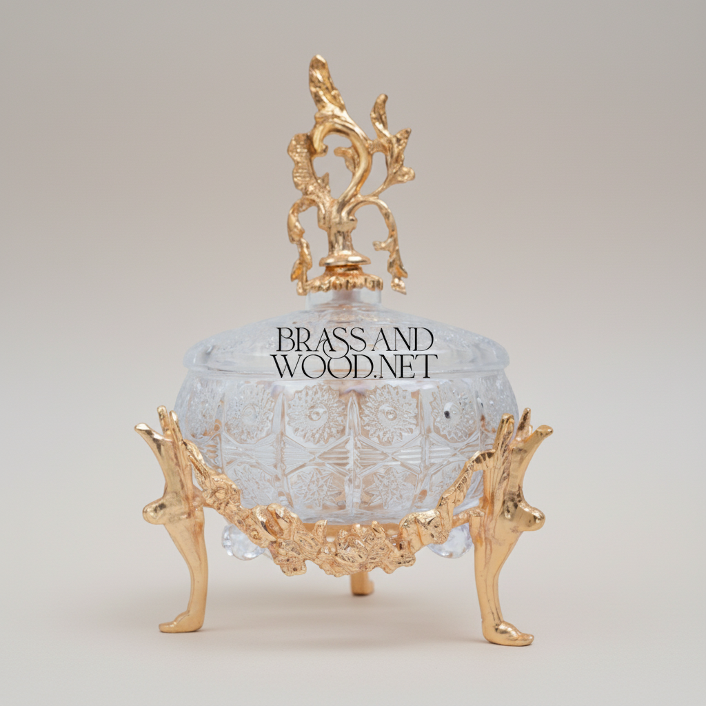 Rococo Crystal Bonbonniere with Brass Acanthus Finial & Scrolled Legs — Gold
