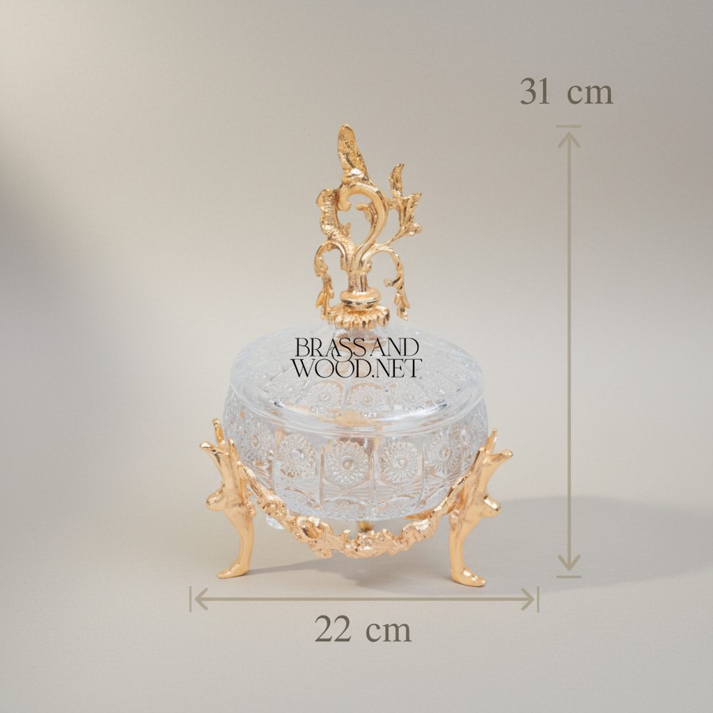 Rococo Crystal Bonbonniere with Brass Acanthus Finial & Scrolled Legs — Gold