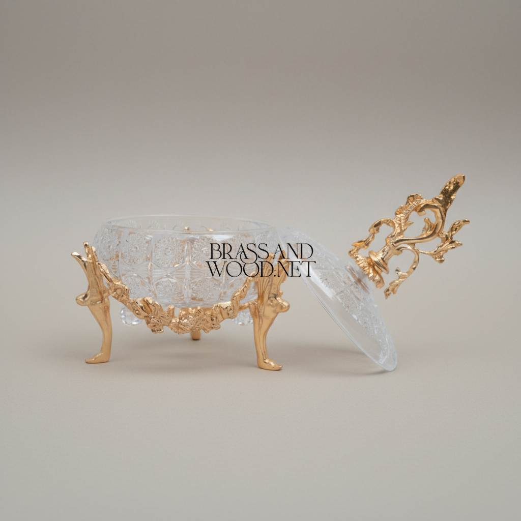 Rococo Crystal Bonbonniere with Brass Acanthus Finial & Scrolled Legs — Gold